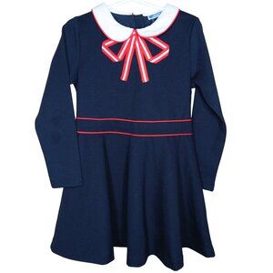Jacadi Peter Pan Collared Bow Navy Girls Dress Long Sleeve 5